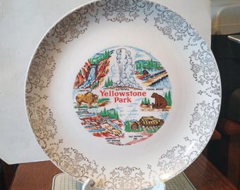 Vintage Yellowstone National Park Plate Large Gold Filigree Landmarks Decorative Collector Souvenir Travel Vacation Gift