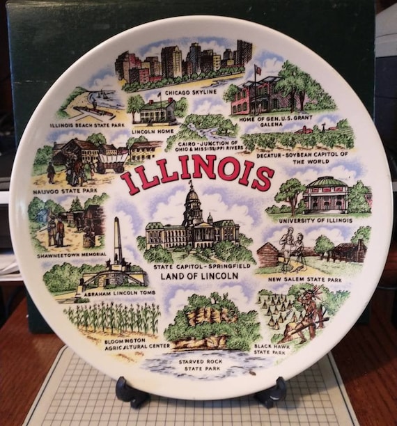 Vintage Illinois Souvenir State Plate Hand Painted Decorative Collector Illinois Landmarks Travel Vacation Retro Wall Decor Gift