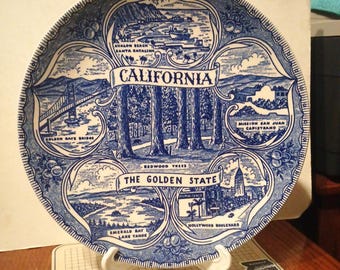 Vintage California Souvenir State Plate CA Landmarks Decorative Collector Travel Vacation Gift Blue Transferware