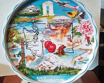 Vintage State of Washington Souvenir Metal Tray Map Color Landmarks Souvenir Decorative Collector Travel Gift