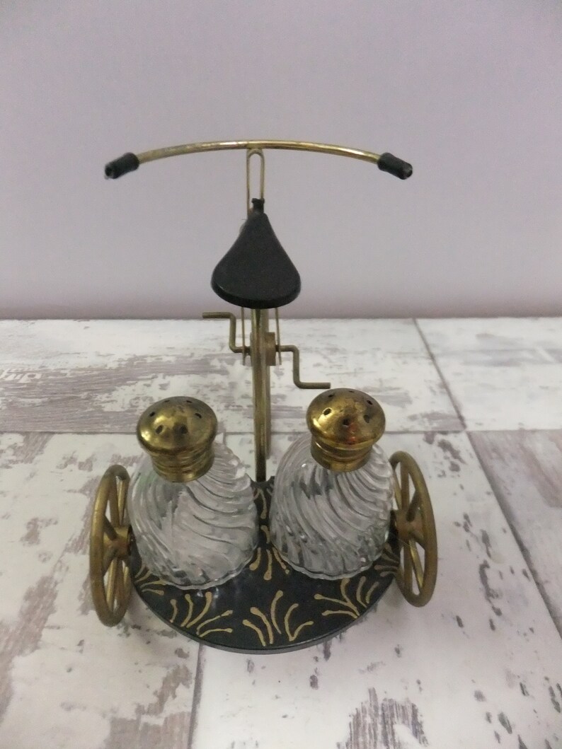 Gay Nineties Tricycle Salt and Pepper Shaker Set with Box Gold and Black Retro Kitchen Decor