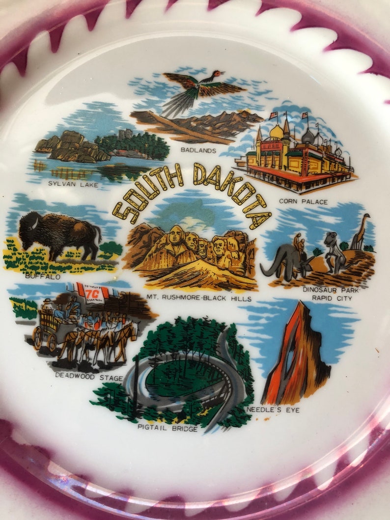 Vintage Plate South Dakota Souvenir State Plate Large Decorative Collector SD Landmarks Plate Travel Vacation Wall Decor