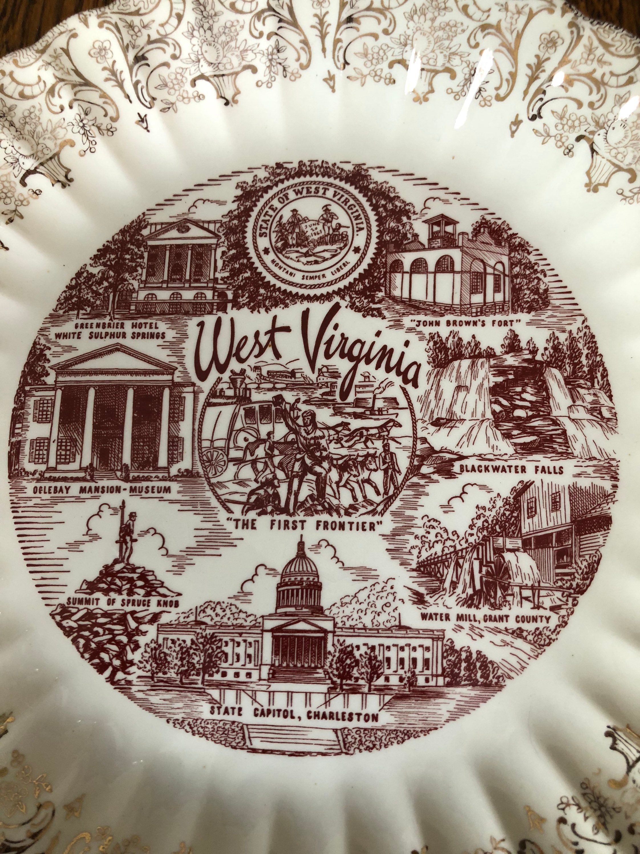 Vintage West Virginia Souvenir State Plate Gold Wavy Border WV Etsy