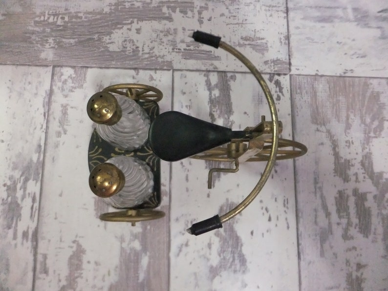 Gay Nineties Tricycle Salt and Pepper Shaker Set with Box Gold and Black Retro Kitchen Decor