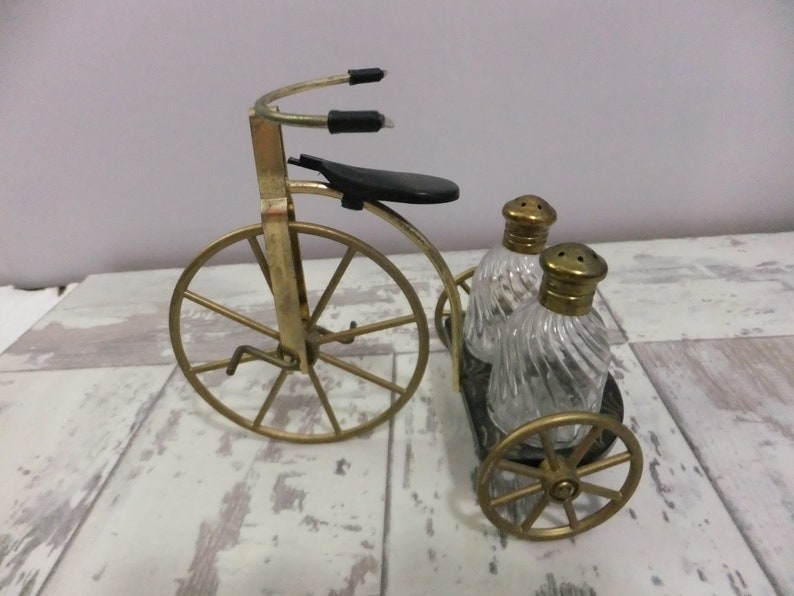 Gay Nineties Tricycle Salt and Pepper Shaker Set with Box Gold and Black Retro Kitchen Decor