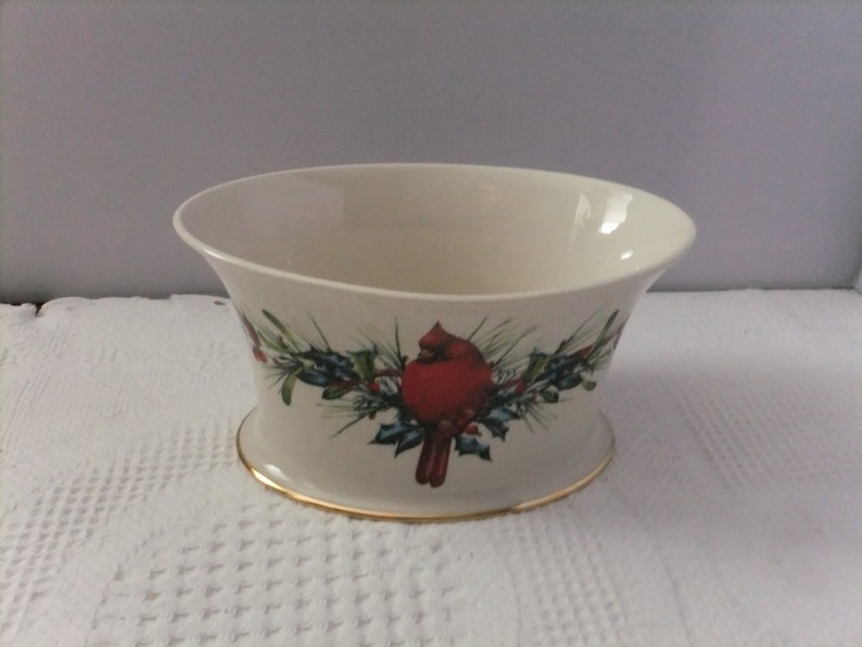 Vintage Lenox Oval Cachepot Winter Greetings Red Cardinal with Box Catherine McClung Planter Porcelain Fine China Bird