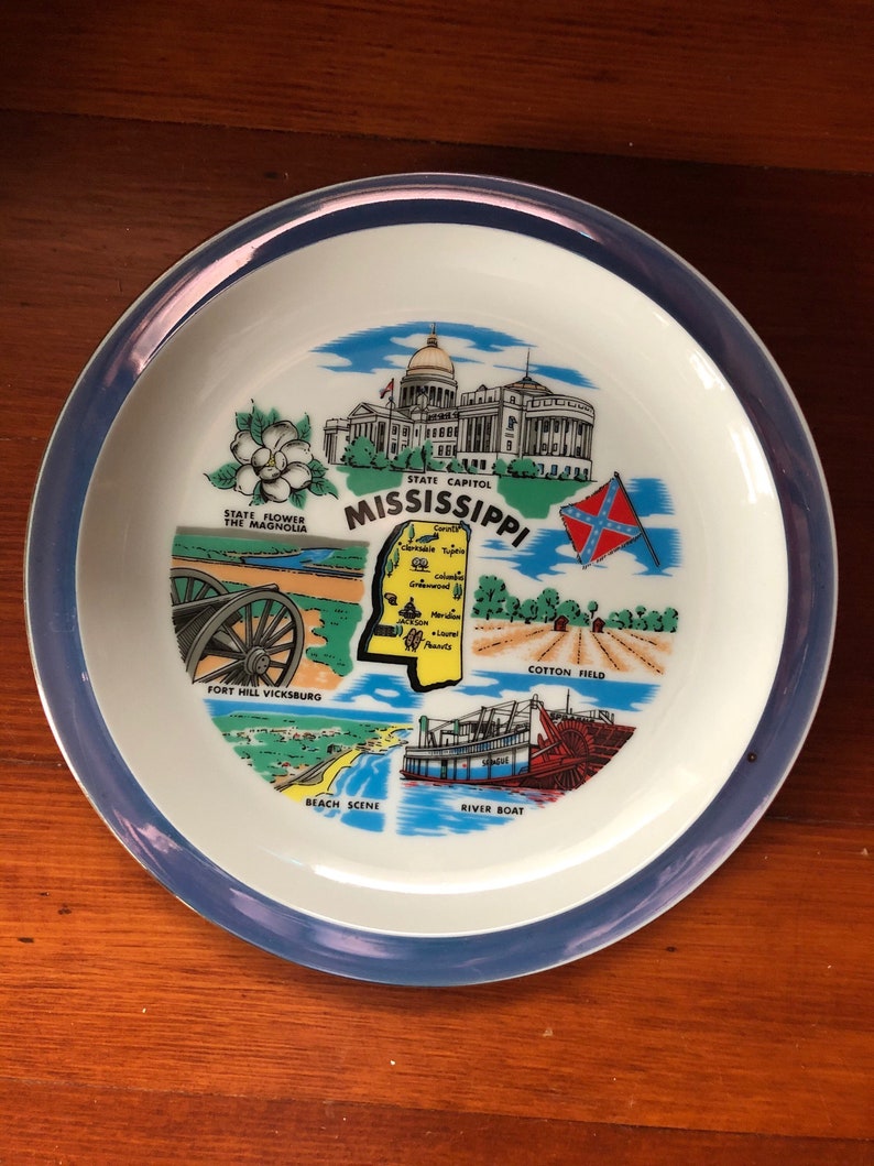 Vintage Mississippi Souvenir State Plate Small Blue Iridescent Decorative Collector Travel Vacation Retro Wall Decor Gift