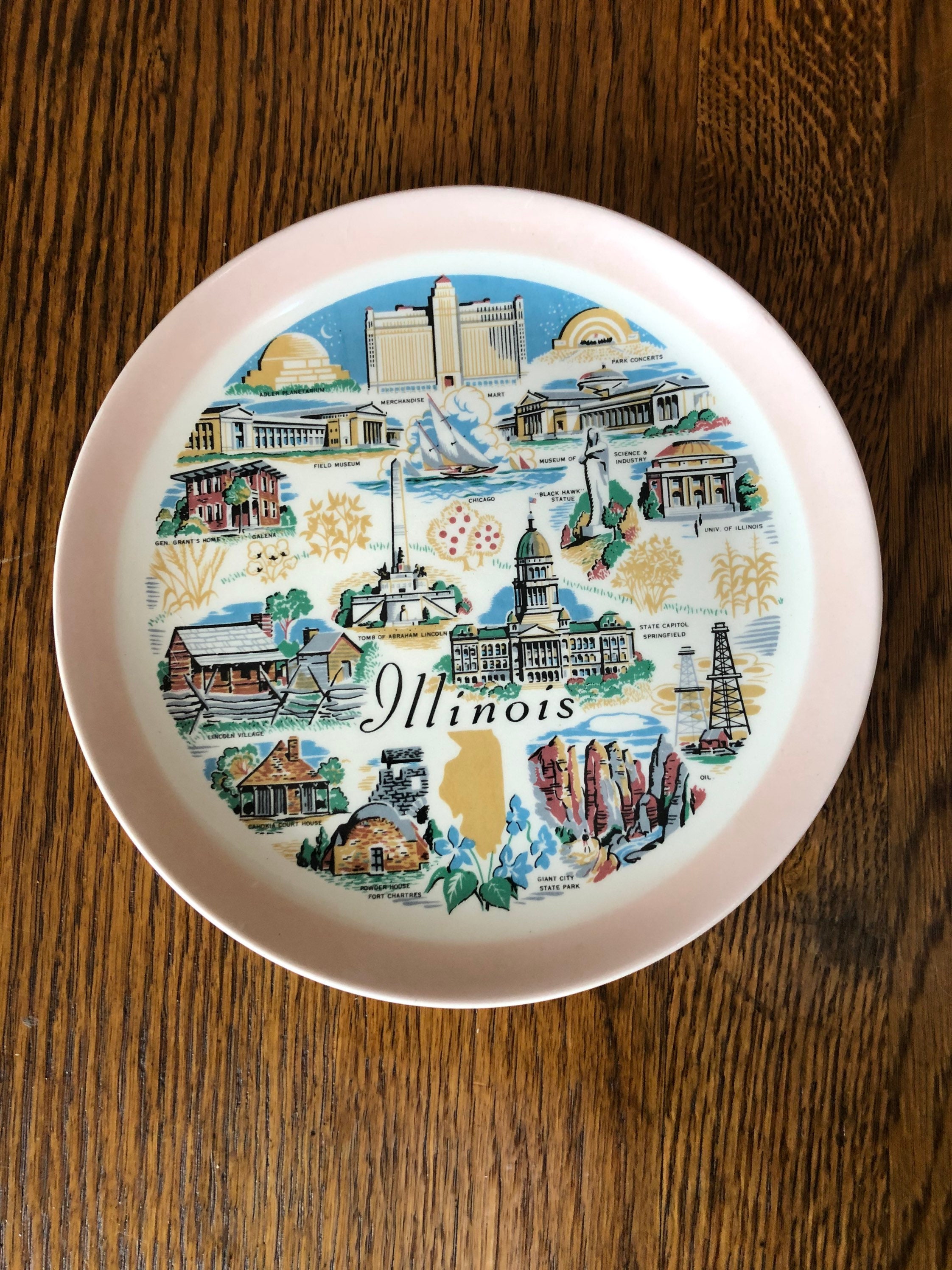 Vintage Illinois Souvenir State Plate Hand Painted Decorative Collector Illinois Landmarks Travel Vacation Retro Wall Decor Gift