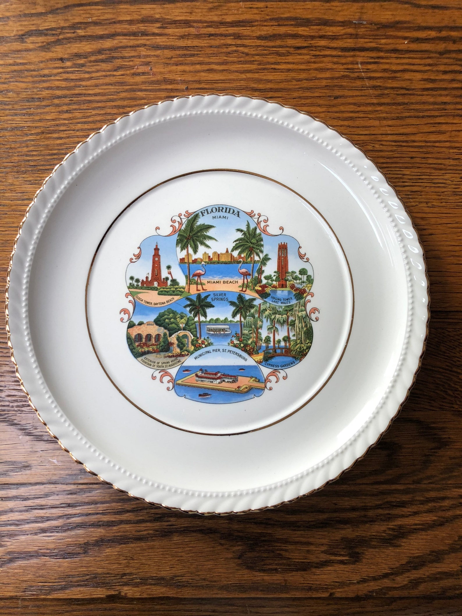 Vintage Florida Souvenir State Plate White with Gold Large Etsy
