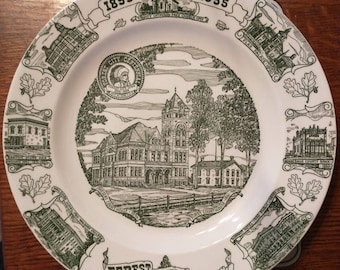 May include: A white ceramic plate with a green design depicting the history of Forest City, Iowa. The plate features the text "Forest City Iowa" and "1855 - 1955" along with images of buildings and landmarks.