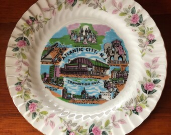 Vintage Atlantic City New Jersey Convention Hall Souvenir Plate Landmarks Large Creative Fine China Floral 2345 Decorative Travel Gift