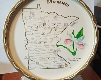 Vintage Minnesota Souvenir State Collectible Metal Tray Map Landmarks Souvenir Decorative Collector Travel Gift