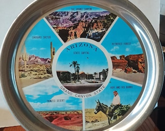 Vintage Arizona Souvenir State Metal Tray Map Landmarks Decorative Travel Gift