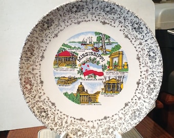 Vintage Mississippi The Magnolia State Souvenir State Plate Gold Filigree Border Decorative Collector Travel Vacation Retro Wall Decor Gift