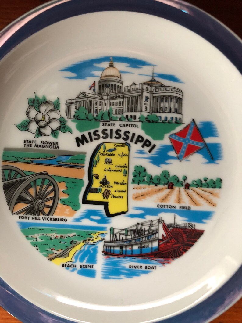 Vintage Mississippi Souvenir State Plate Small Blue Iridescent Decorative Collector Travel Vacation Retro Wall Decor Gift