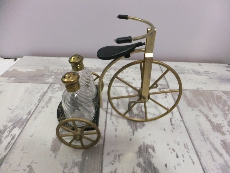 Gay Nineties Tricycle Salt and Pepper Shaker Set with Box Gold and Black Retro Kitchen Decor