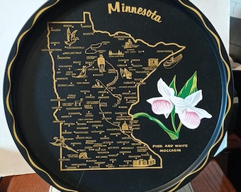 Vintage Minnesota Souvenir State Metal Tray Map Landmarks Decorative Collector Collectible Travel Gift