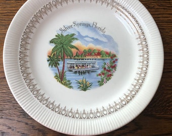 Vintage Silver Springs Florida Souvenir Plate Boat 22K Gold Views of America Series Enco Decorative Collector Retro Wall Decor Gift