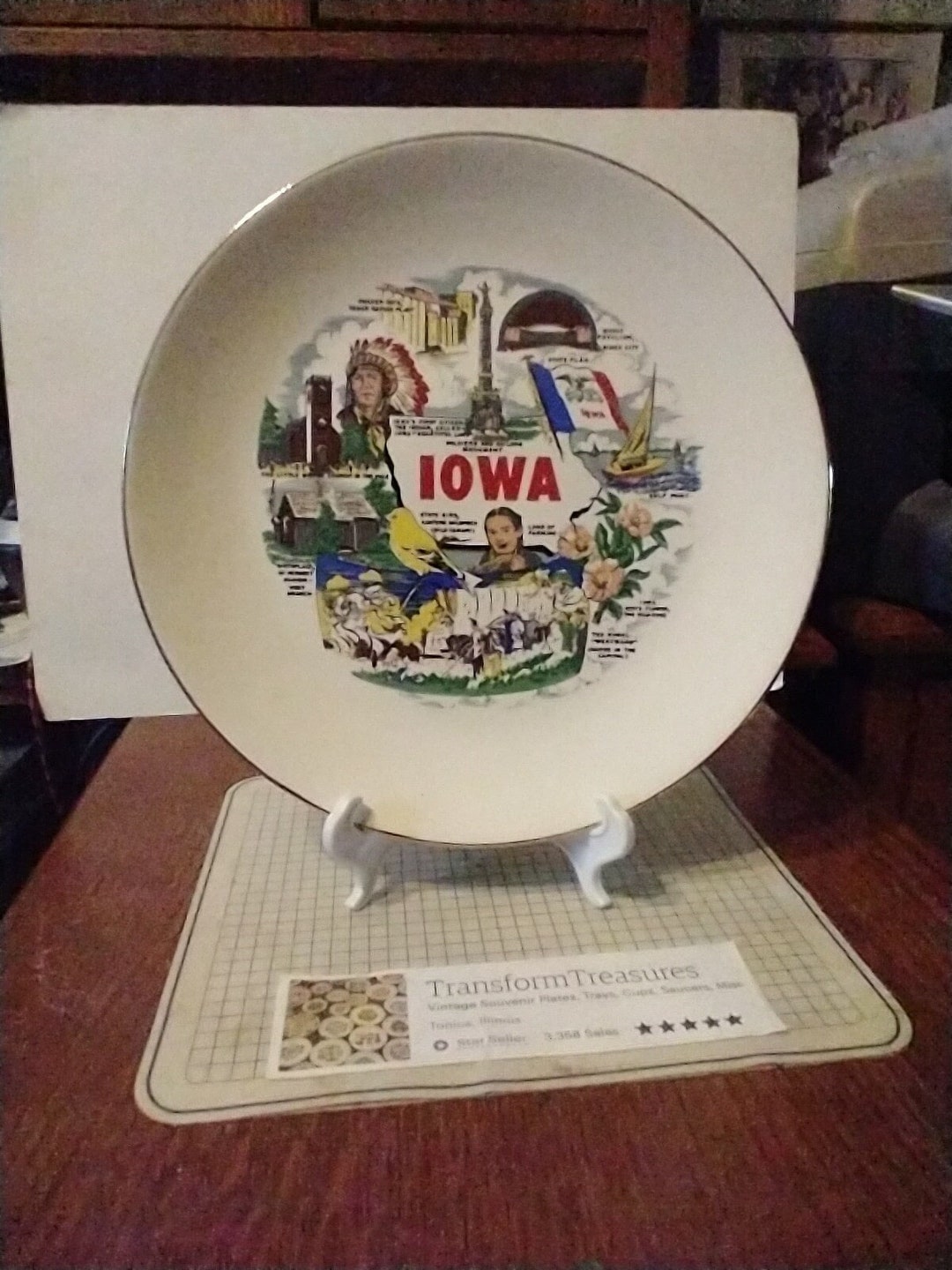 Vintage Iowa Souvenir State Plate Landmarks Gold Border Decorative ...