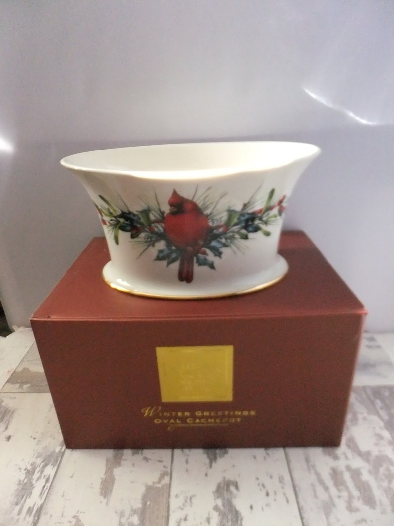 Vintage Lenox Oval Cachepot Winter Greetings Red Cardinal with Box Catherine McClung Planter Porcelain Fine China Bird