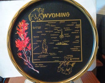 Vintage Wyoming Souvenir State Collectible Metal Tray WY Map Landmarks Souvenir Decorative Collectible Travel Gift