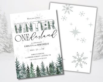 Winter Onederland Wonderland Snowflake Trees First Birthday Digital Invitation 1st Birthday Christmas Snow
