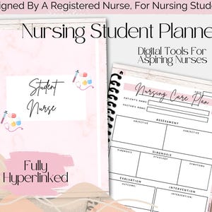 May include: A pink and white digital planner for nursing students. The cover features the text "Nursing Student Planner" and "Student Nurse". The planner includes a nursing care plan template with sections for patient's name, doctor's name, assessment, diagnosis, evaluation, and intervention.