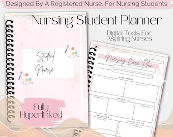 May include: A pink and white digital planner for nursing students. The cover features the text "Nursing Student Planner" and "Student Nurse". The planner includes a nursing care plan template with sections for patient's name, doctor's name, assessment, diagnosis, evaluation, and intervention.
