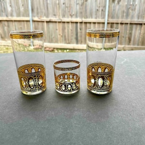 Culver Antigua Glass Set / Mid-Century Gold trim / 22K gold overlay / Retro Culver Glassware / Antigua Highball & Old Fashioned