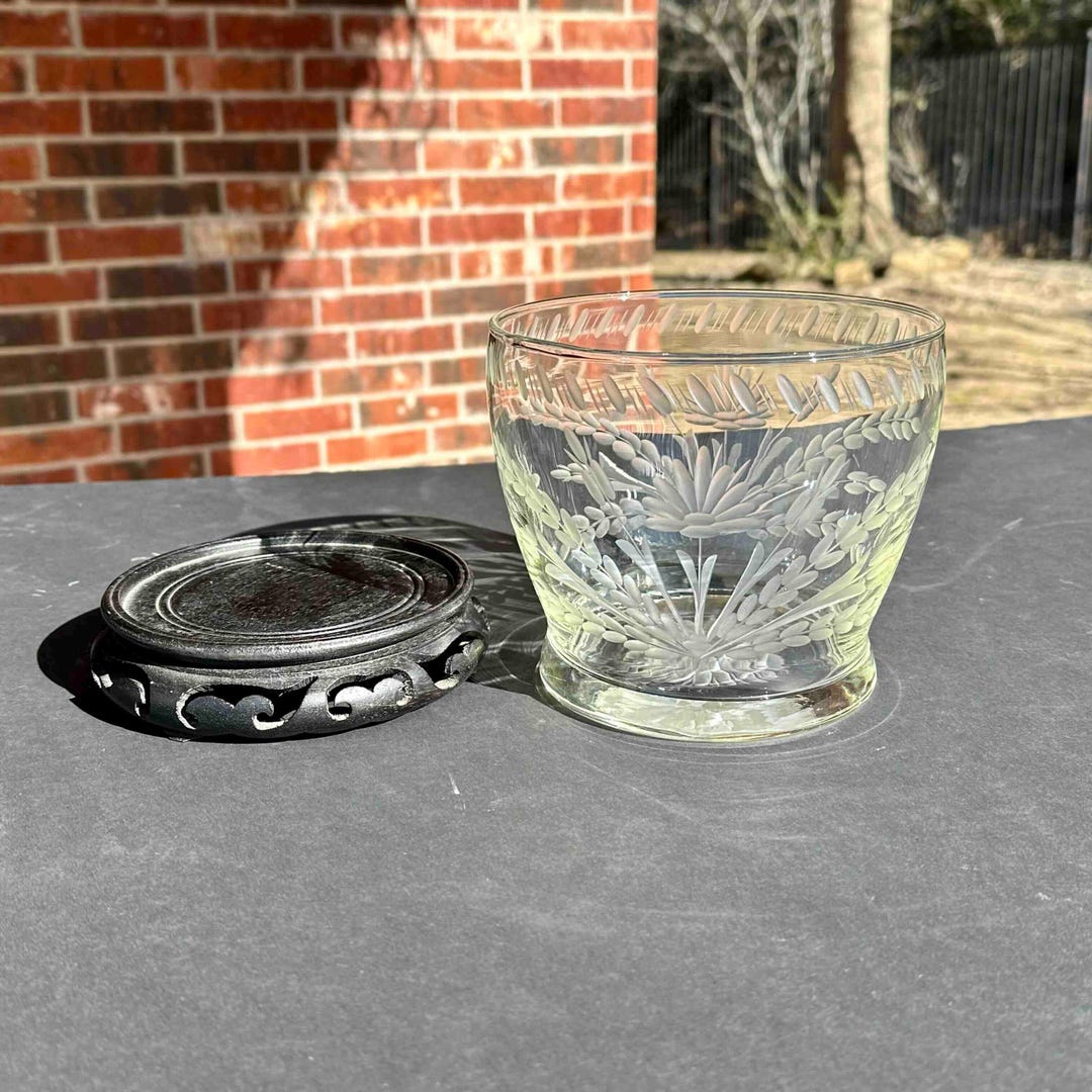 Etched Glass Bowl With Wood Stand / Floral Etched Centerpiece Bowl ...