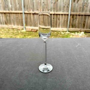 May include: A clear glass shot glass with a long, thin stem and a round base.