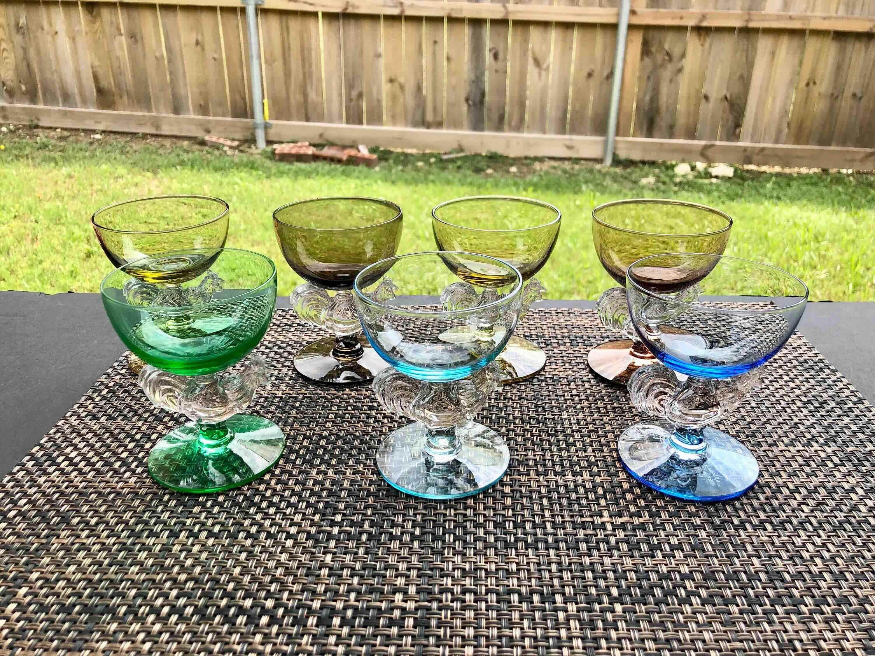 Set of 7 Morgantown Rooster Glasses, Multicolor / Morgantown Rooster Glasses, 1899-1971 / Morgantown Rooster Glasses, Vintage Multicolor Set