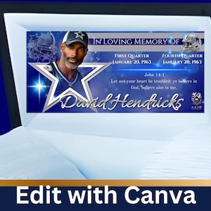 Puede incluir: Una tarjeta conmemorativa azul y plateada con una foto de un hombre con uniforme de fútbol. La tarjeta dice "En memoria cariñosa de" e incluye las fechas "20 de enero de 1963" y "20 de enero de 1963". La tarjeta también incluye un versículo bíblico de Juan 14:1 y el nombre "David Hendricks".