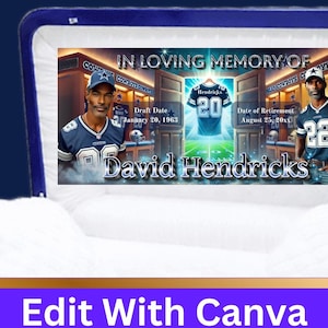 Può includere: Un copri scatola di fazzoletti blu e bianco con una foto di un giocatore di football americano con una maglia con il testo "In Loving Memory of David Hendricks" stampato su di essa.