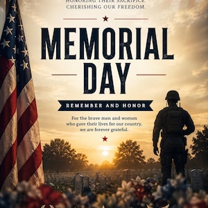 May include: A Memorial Day poster featuring an American flag, a soldier, and a cemetery at sunset. Text includes "Memorial Day," "Remember and Honour," and "Freedom is Not Free."
