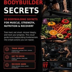 Op de afbeelding: Een digitale fitnessgids getiteld "The Bodybuilder Secrets" met tekst en afbeeldingen. De gids behandelt 50 bodybuilding geheimen voor spieren, kracht, voeding en herstel. Bevat afbeeldingen van een persoon die gewichten heft en een verscheidenheid aan groenten en fruit.