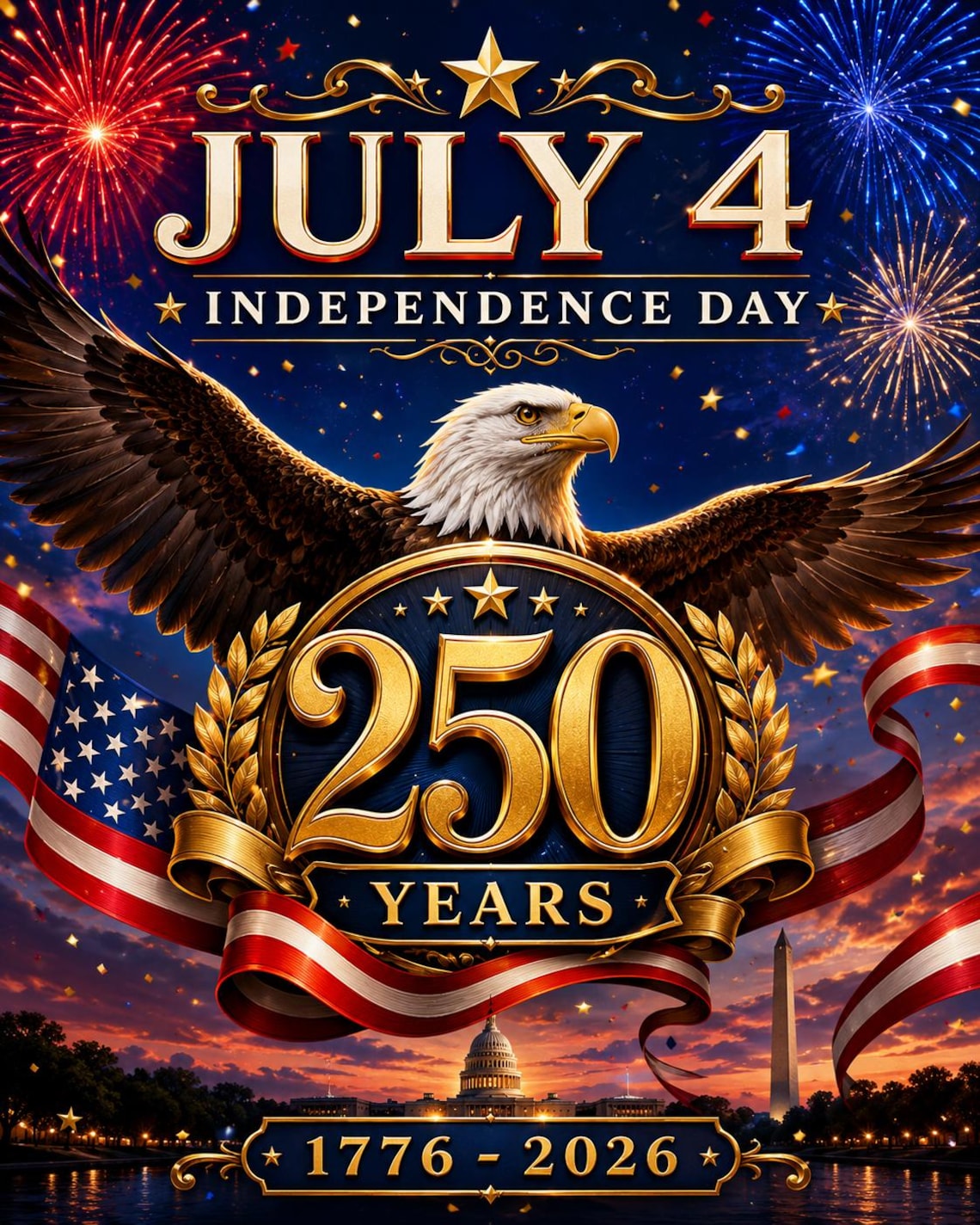 May include: A graphic illustration featuring a bald eagle with wings spread wide above a gold emblem displaying the text 250 YEARS. The background shows red and blue fireworks, the US flag, the Capitol building, and the text JULY 4 INDEPENDENCE DAY 1776-2026.