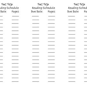 Puede incluir: Una plantilla de horario de lectura imprimible en blanco y negro con tres columnas etiquetadas como "Título del texto", "Horario de lectura", "Fecha de vencimiento" y "Páginas".