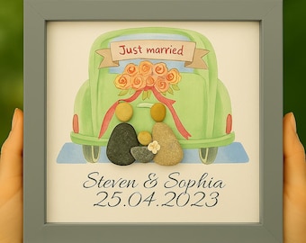 Personalized Wedding Pebble Art Frame, Handmade Couple Gift