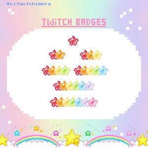 May include: A set of rainbow pixel art stars, arranged in a pyramid shape, with the text "TWITCH BADGES" at the top. The stars are in a rainbow color scheme, with red, orange, yellow, green, blue, indigo, and violet stars.
