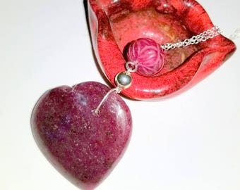 Mined in Africa Natural Ruby Heart 110.50ct with hand carved Ruby Bead on 925 Silver Chain