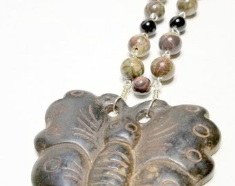 Carved Old Jade Butterfly with Coffee Jasper Necklace
