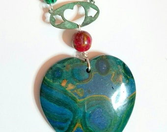 Beautiful  Colorful Kambaba Jasper Peach Heart Pendant with a Malachite Necklace