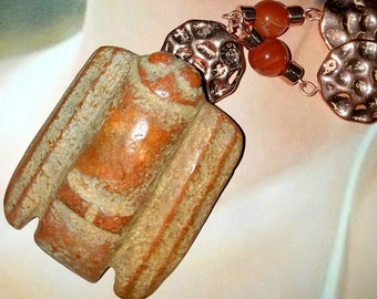 Old Chinese Jade HongShan CulTure Hand Carved Amulet Pendant with Copper and Orange Agate Beads