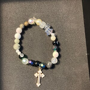 Handmade black and white ocean Evil Eye crystal Bracelet with gold cross Charm