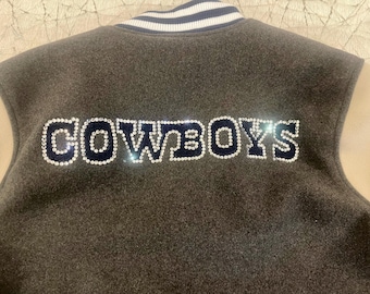 Dallas Cowboys customized Bomber Jacket. Hand rhinestoned. Sparkles with rhinestone embellishments. Letterman style.
