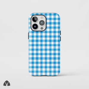 Cute Blue Gingham Phone Case, Pastel Checkered iPhone Case, Trendy Coquette Aesthetic Phone Case