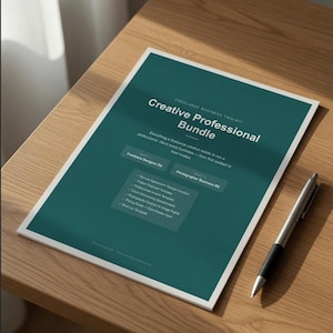 May include: A teal and white document titled "Creative Professional Bundle" with a silver pen on a wooden surface. The document includes text about freelance business tools and lists items like service agreements and invoice templates.
