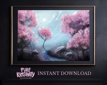 Japanese sakura print - digital download - cherry blossoms pink forest bloom fantasy art - poster artwork