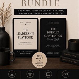 Könnte beinhalten: Ein digitales Produktpaket mit dem Titel Leadership Bundle, bestehend aus zwei Tablets, die The Leadership Playbook und The Difficult Conversation Script Book von Rebels Haven zeigen. Enthält ein Best Value-Abzeichen sowie Symbole für Sofort-Download, Druckbarkeit und lebenslangen Zugriff.